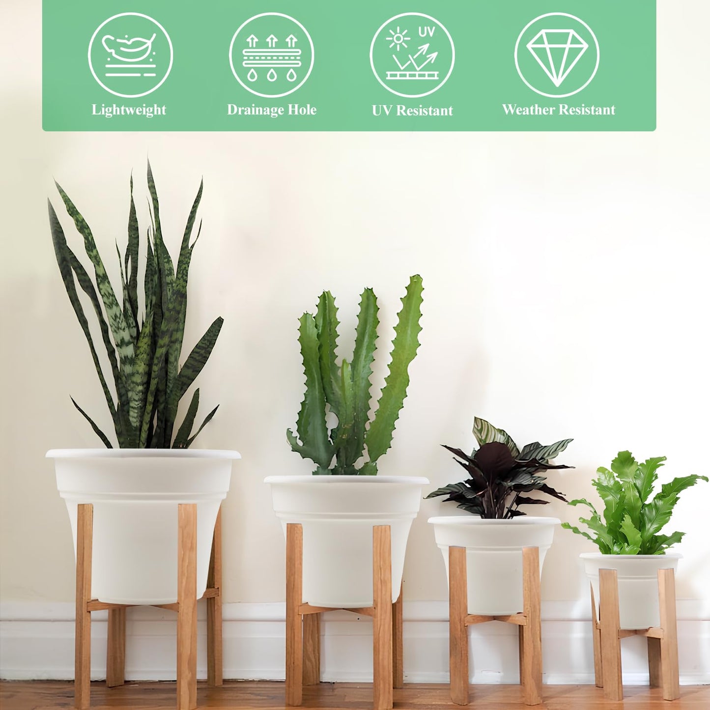 Pottiffe 11 Inch Plastic-Flower-Pot-for-Indoor-Plants, 4 Pack Large Outdoor Planter Pot with Drainage Holes & Saucers, Resin Decorative Garden Pots Planters