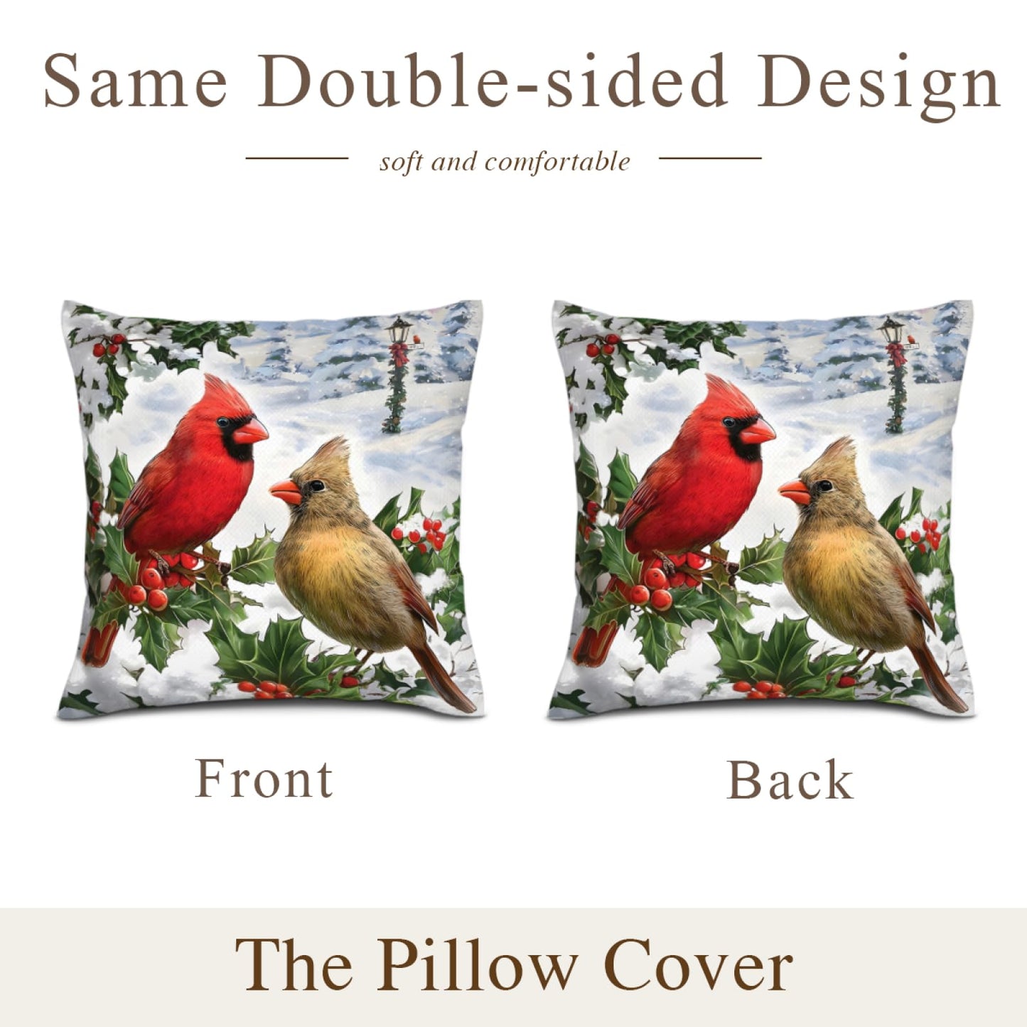 Waiyear Throw Pillows Cover Winter Cardinal Birds Pillow Cases 18"x18" Set of 2,Winter Christmas Pillow Cases for Christmas Living Room Couch Decor