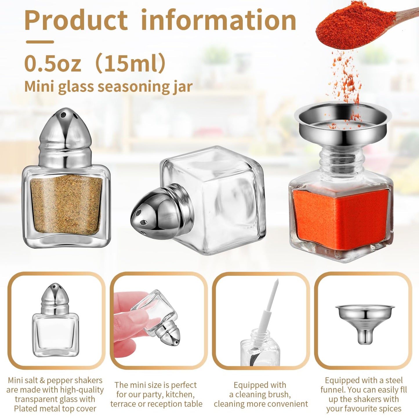 Pack of 12 0.5 oz Cube Shape Small Salt and Pepper Shakers with Tone Tops Clear Mini Glass Seasoning Jars Spice Salt Shakers with Funnel for Restaurant Home Kitchen (Silver Lids)