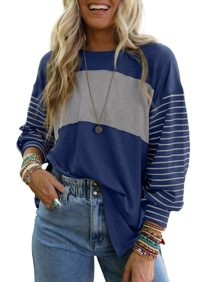 Dokotoo Long Sleeve Tops Oversized 2025 Trendy Round Crew Neck Casual Color Block Womens Shirts Blouses