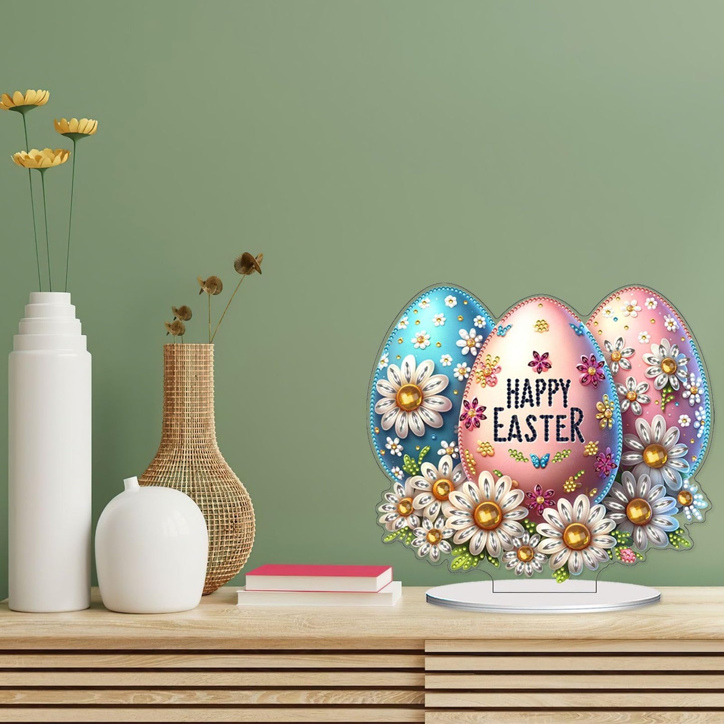 VODAPYC Easter Diamond Art Tabletop, DIY Stand Up Double Sided Special Shaped Partial Diamond Art Desktop Ornaments for Home Decor(Happy Easter Egg)