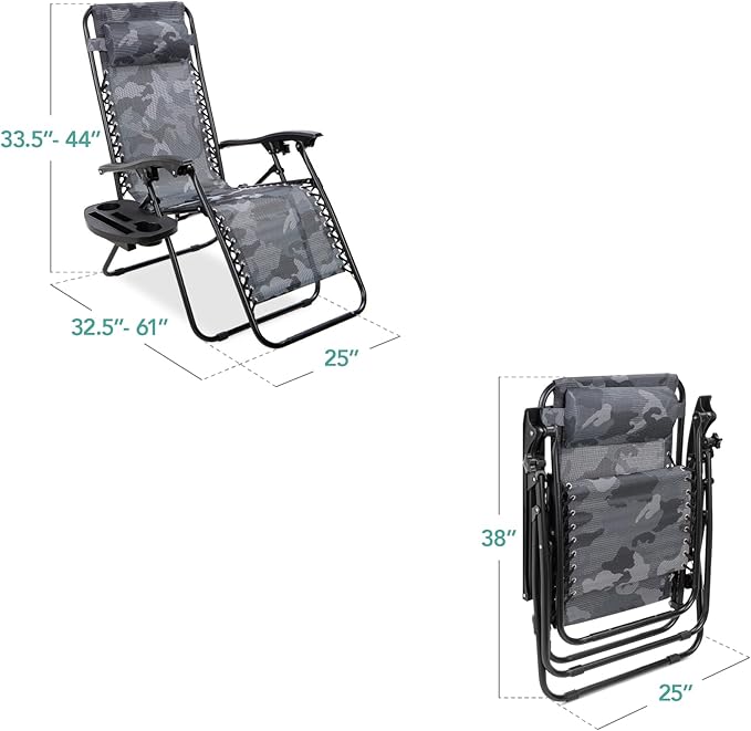 Best Choice Products Set of 2 Adjustable Steel Mesh Zero Gravity Lounge Chair Recliners w/Pillows and Cup Holder Trays - Camoflage