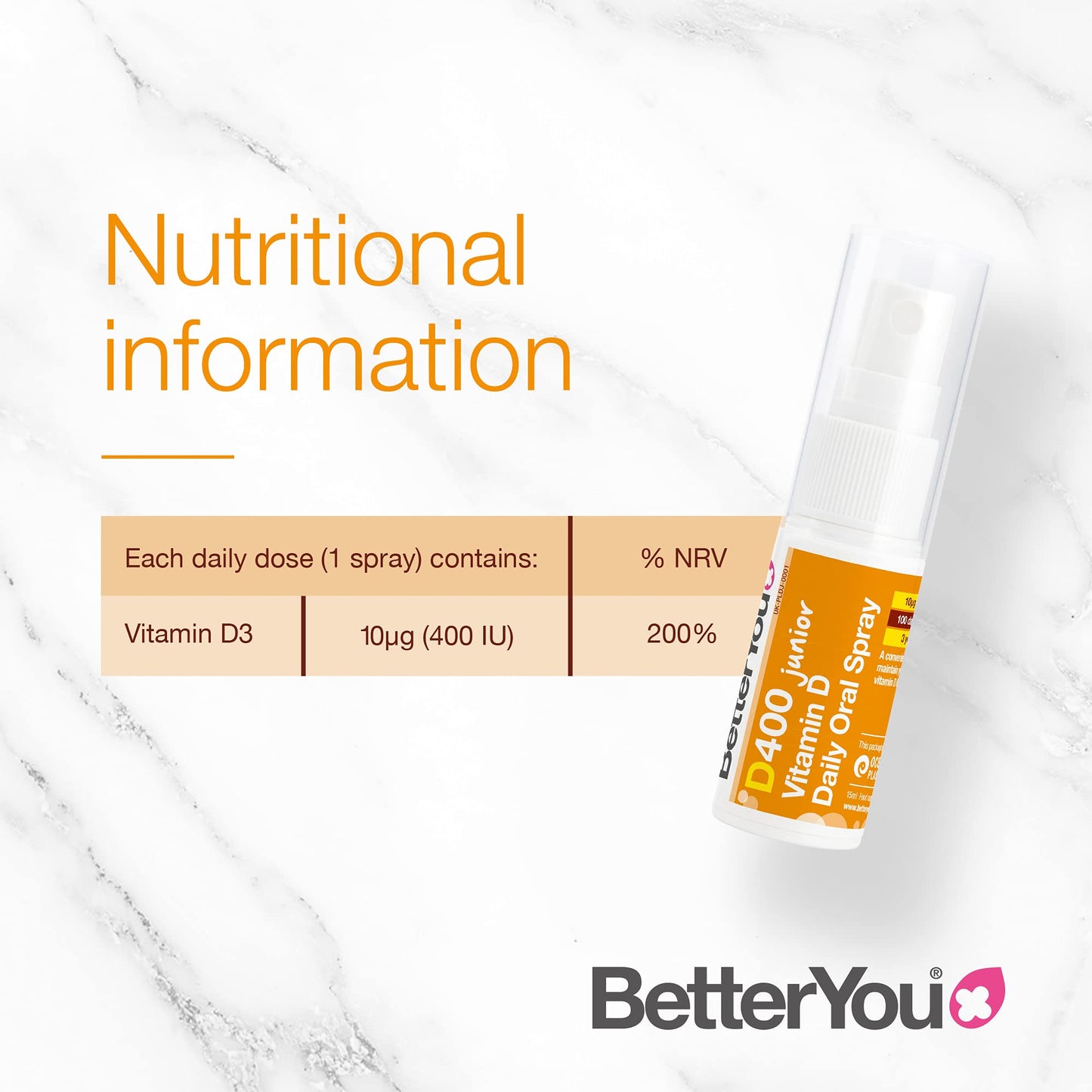 BetterYou Vitamin D 400 IU Junior Daily Oral Spray, Pill-Free Vitamin D3 Supplement for Children, 3-Month Supply, Made in The UK, Natural Peppermint Flavour (Pack of 2)