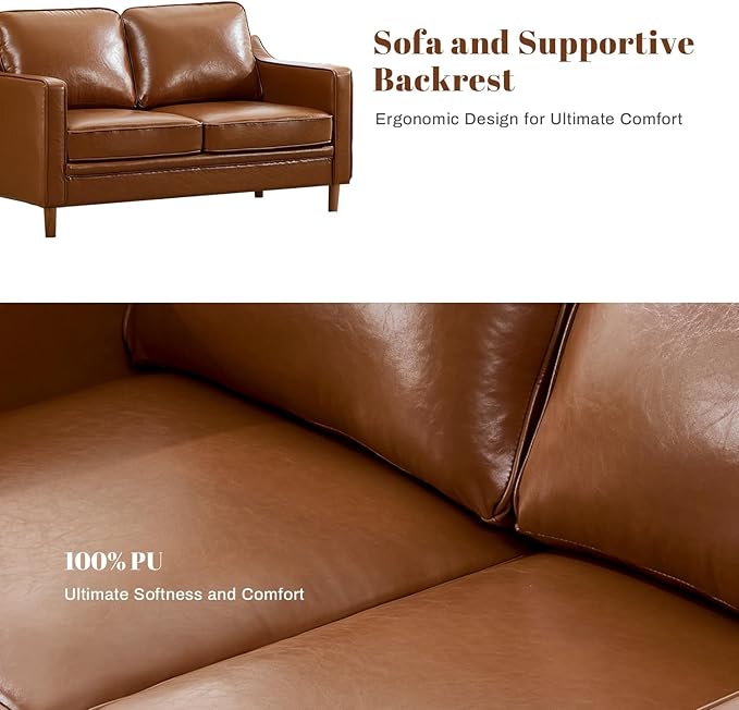 Kingfun 56" Faux Leather Sofa, Loveseat Couch, Mid Century Modern Love Seat