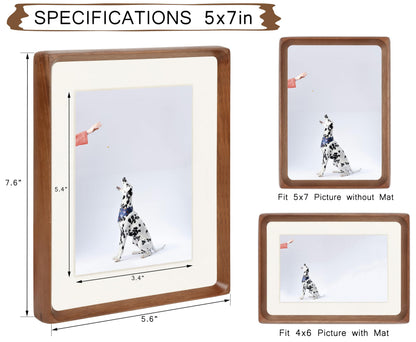 VAUWINEK 5x7 Picture Frame, Display Photos 4x6 with Mat or 5x7 without Mat, Made of Solid Natural Walnut Wood with Real Glass Vertical Horizontal Standing for Desk Tabletop Wall Hanging Gallery Frame