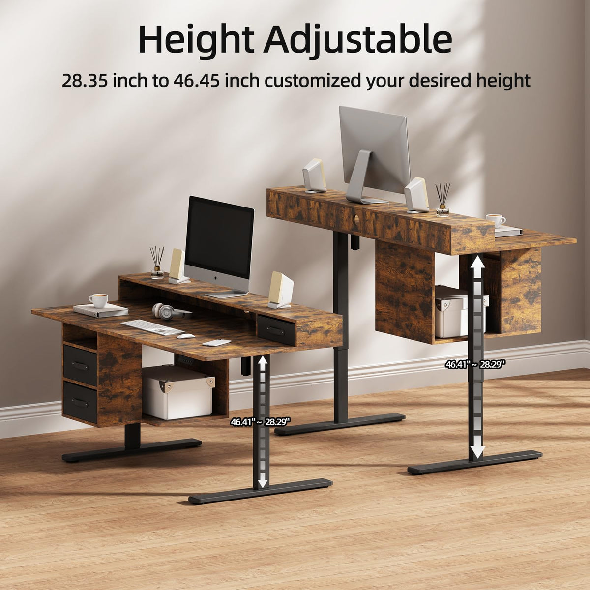 63x24 Inches Standing Desk with Drawers, Electric Computer Desk with Open Storage Shelf, Stand Up Desk, Adjustable Height 28-46 Inches for Home and Computer Workstation, Rustic Brown