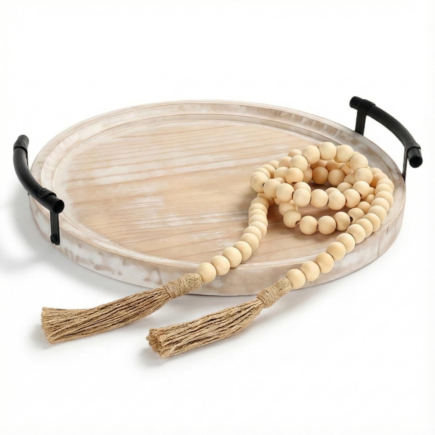13" Round Decorative Wood Tray with Handles, Whitewashed Farmhouse Coffee Table Decor for Living Room, Entryway & Kitchen Island, Includes Bead Garland, Giftable Home Decor