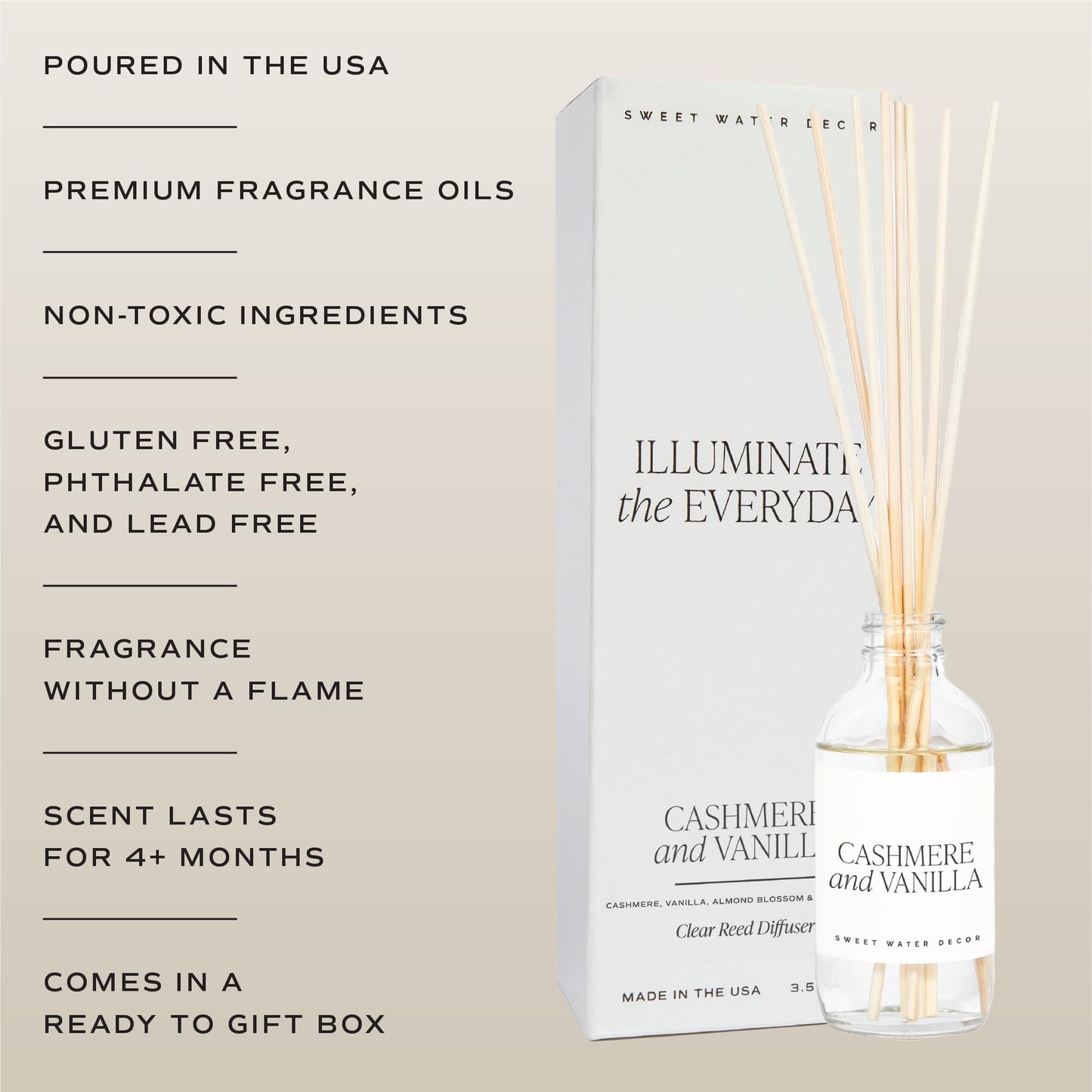 Sweet Water Decor Non-Toxic Cashmere and Vanilla Reed Diffuser Set, Cashmere, Sandalwood, Milky Coconut, Bourbon Vanilla Scented Diffuser for Home, Light Fragrance, Made in the USA, 3.5 FL OZ