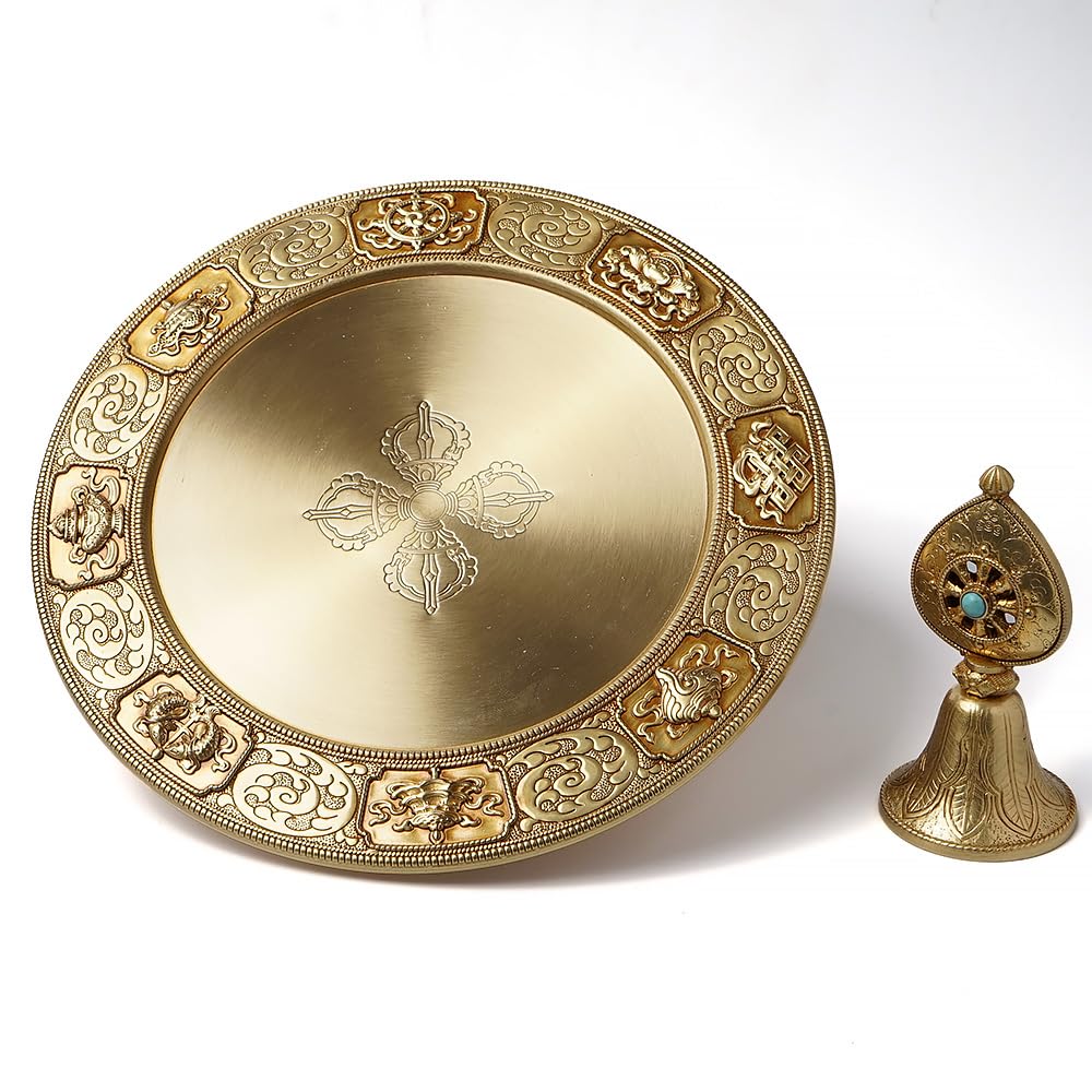 zenmood Tibetan Buddhist Mandala Offering Set, Brass Ceremonial Tower, 10.4 inch Height, Gold