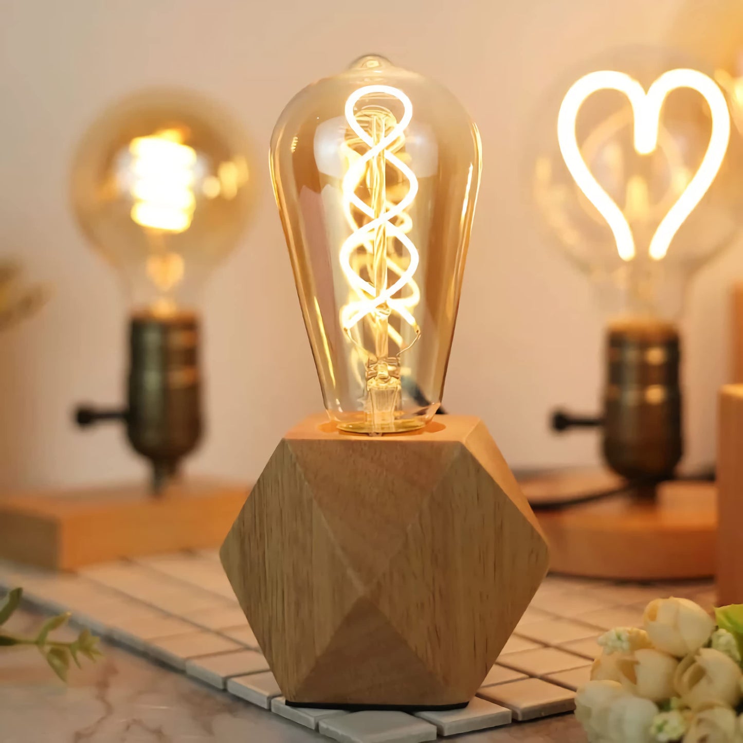 OuXean Small Wood Table Lamp, Bedside Lamp with Diamond Wooden Base E26 60W Industrial Night Light Boho Deco for Bedroom, Living Room or Office(No Bulb)