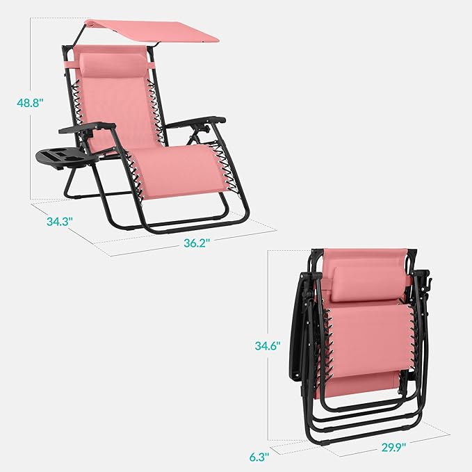 Best Choice Products 30” Wide Folding Zero Gravity Outdoor Recliner Patio Lounge Chair w/Adjustable Canopy Shade, Headrest, Side Accessory Tray - Pink