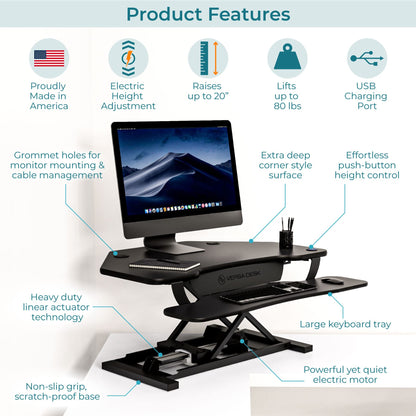 VERSADESK PowerPro 36" Corner Standing Desk Converter, 36 Inch Motorized Height-Adjustable Standup Desk Riser Sit to Stand Desktop with Keyboard and Mouse Tray + USB Charging Port, Black