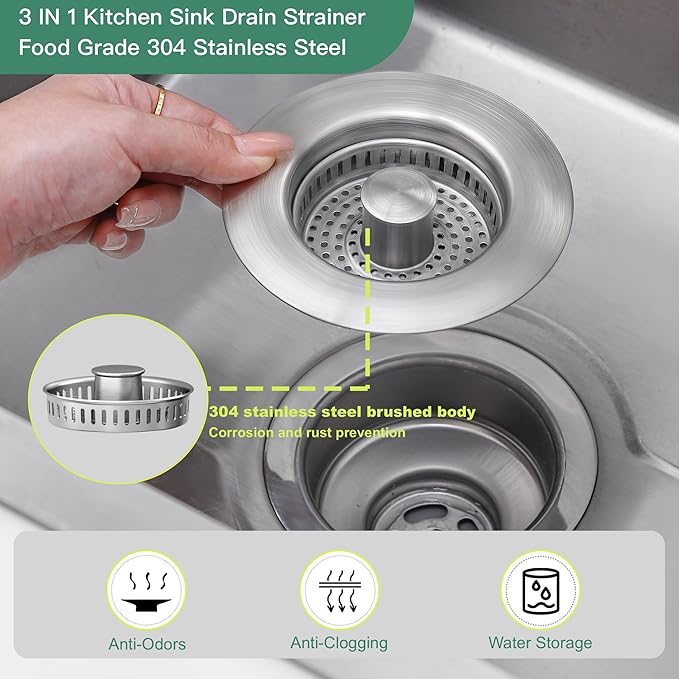 Kitchen Sink Drain Strainer 3 in 1, 304 Stainless Steel Pop Up Sink Stopper