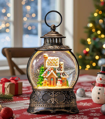 10" Christmas Snow Globes Lantern, Sparkling Musical Snowman Gingerbread House Lanterns, USB and Battery Powered Christmas Home Tabletop Decorations Gift