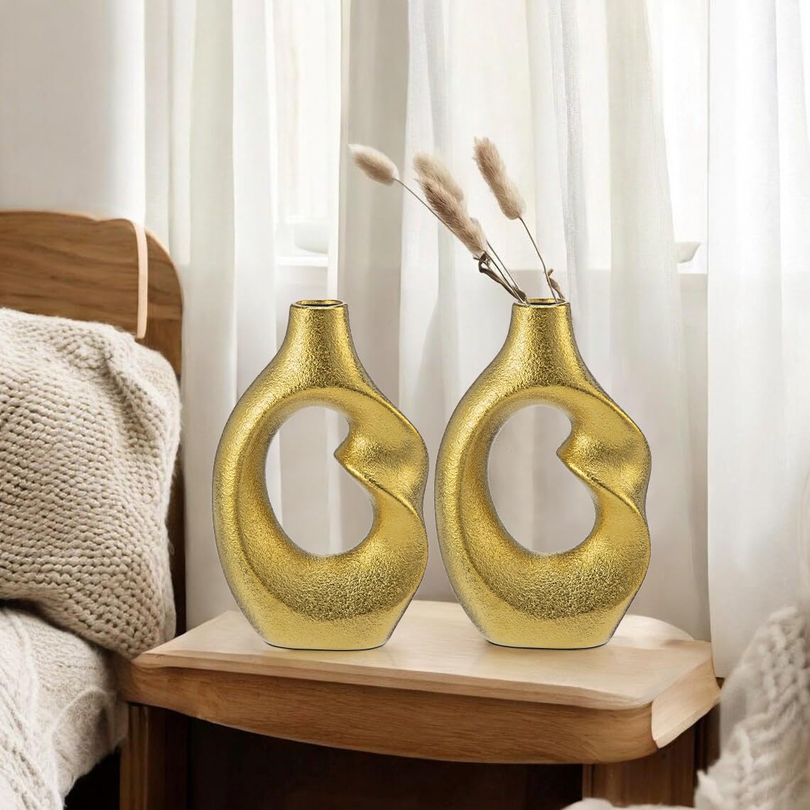 Gold Donut Vase Set of 2 - Modern Ceramic Vases for Centerpieces, Shelf, Entryway, Coffee Table & Living Room Decor