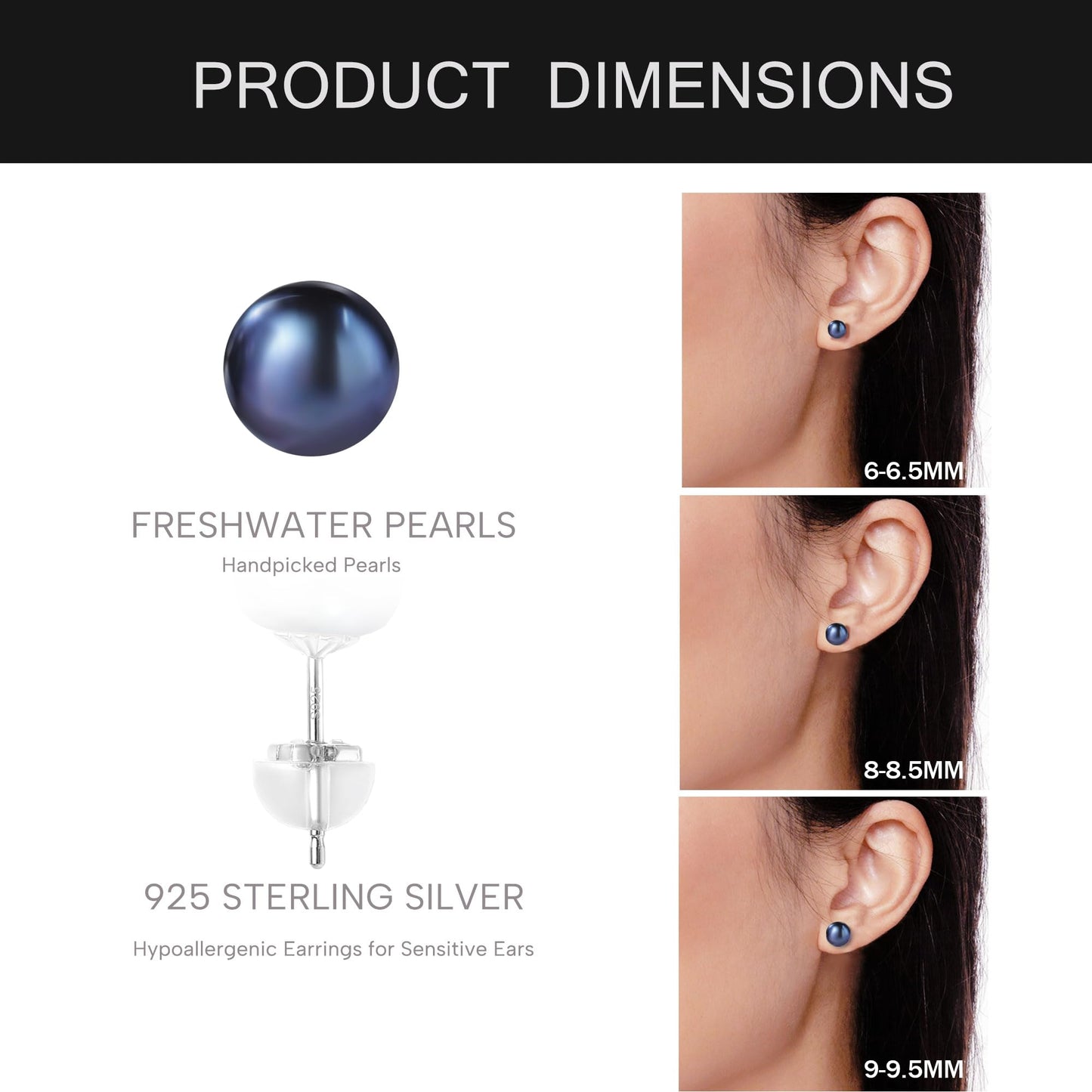 COYATE Pearl Earrings Sterling Silver Freshwater Black Pearl Stud Earrings for Women Hypoallergenic, Button Shape Real Pearls 9-9.5mm, Simple Elegant Jewelry Gift for Her,Mother,Bride,Friend