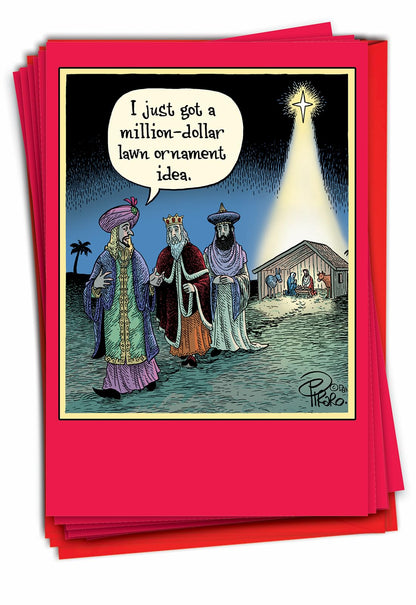 NobleWorks - Box of 12 Cartoon Christmas Cards Funny - Bulk Pack of Holiday for Xmas, Humor Notecard Set 1x12 Designs - Lawn Ornament B1173