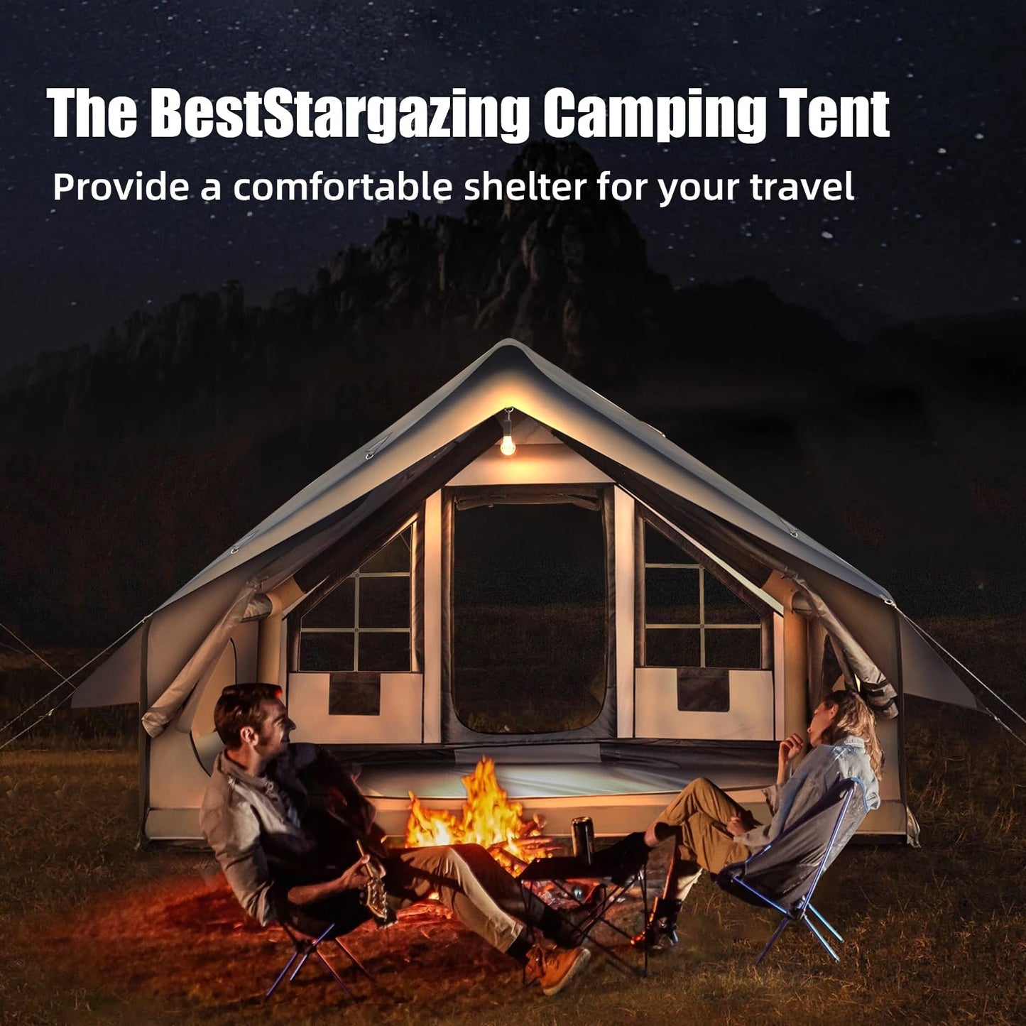 Inflatable Camping Tent for 4-6 Person, with Electric Air Pump, 4 Season Waterproof Windproof, Clear Skylight & 420D Oxford Waterproof, Air Tent with Mesh Windows/Doors