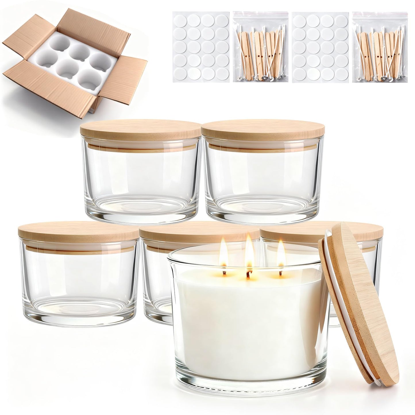YJHSS 16oz Glass Candle Jars, 6-Pack 3 Wick Candles Jars for Making Candles, Empty Thick Glass Wide-Mouth Jars with Bamboo Lids & Wick Kits, Candle Containers Bulk - Clear