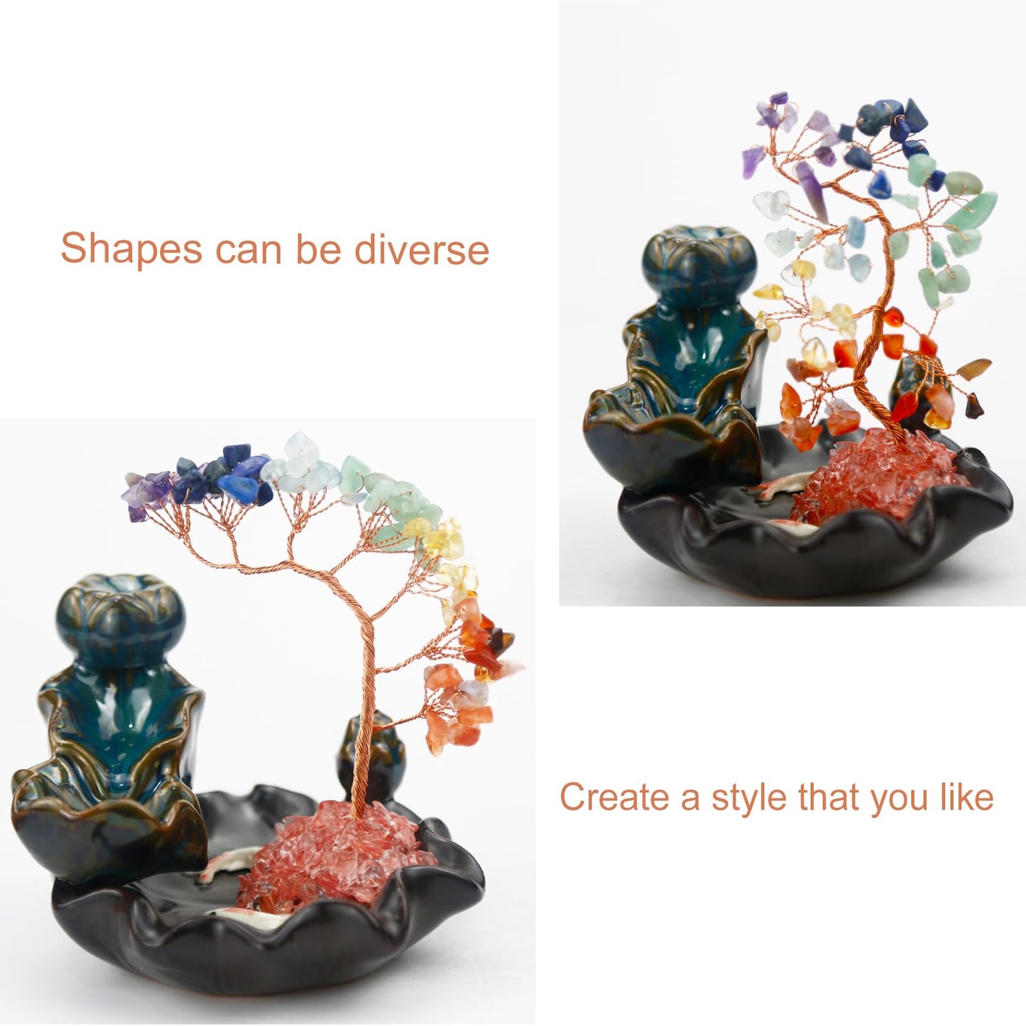 Dreamgirnh Chakras Backflow Incense Burner, Crystal Tree Incense Waterfall Fountain, Cone Incense Holde, Living Room Shelf Aesthetic Decor