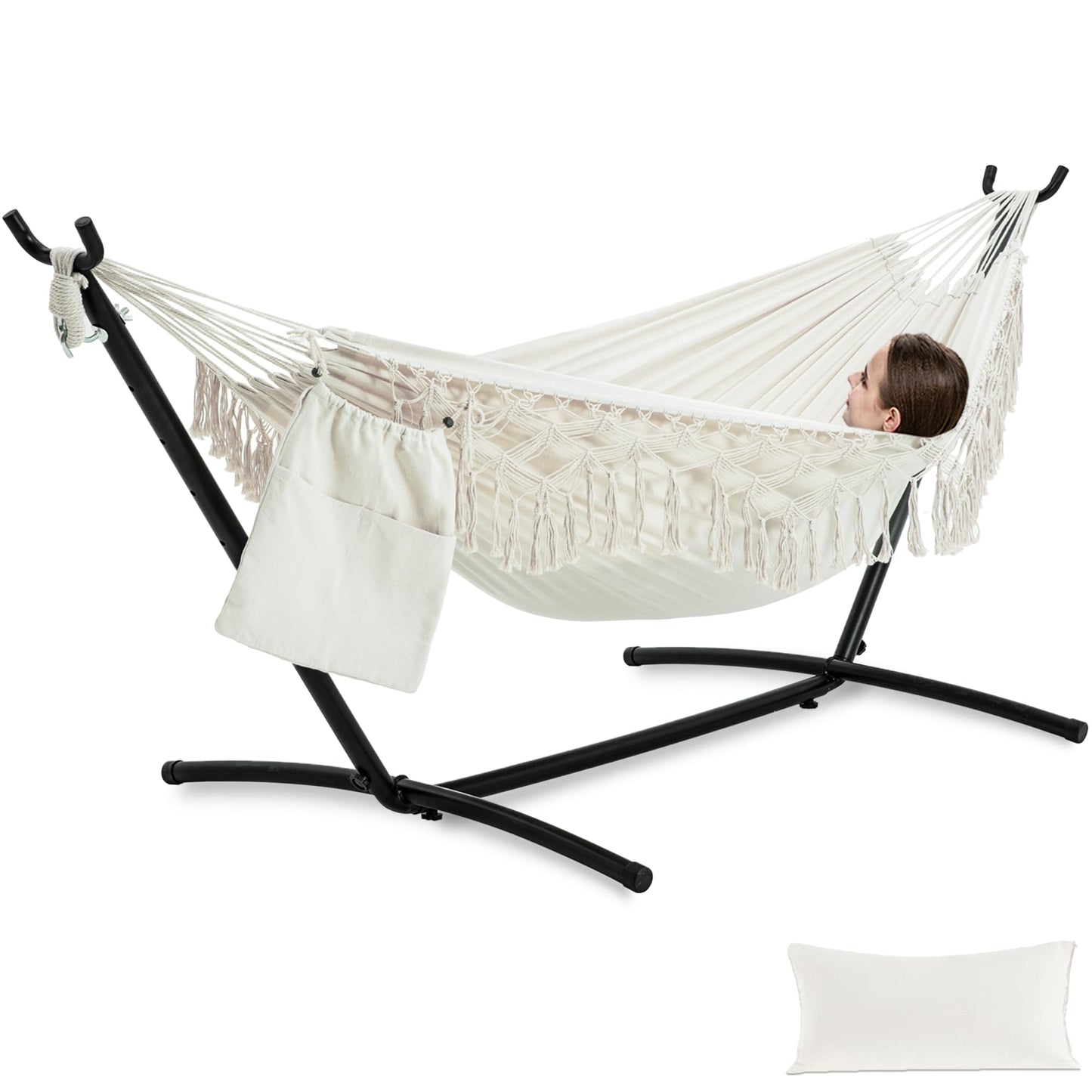 PNAEUT Handmade Tassel Hammocks, Double Hammock with Stand for Outside, Max 450 lbs Capacity, Pillow & Storage Bag Included (Beige)