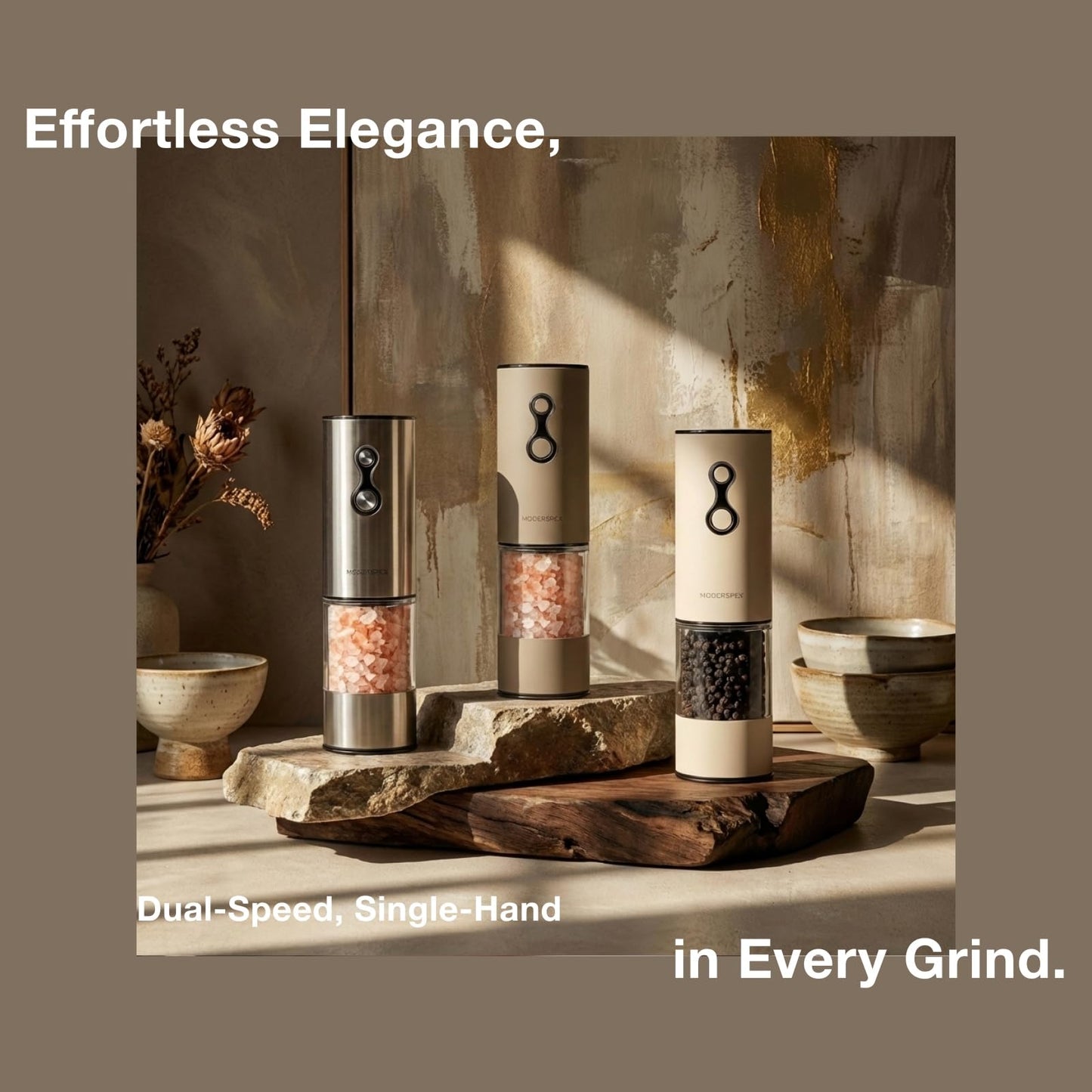 Electric Salt and Pepper Grinder Set USB-C Rechargeable, Dual-Speed Automatic Salt and Pepper Mills with 9 Adjustable Coarseness, Ceramic Burr, LED Light, Refillable, (Taupe Brown）