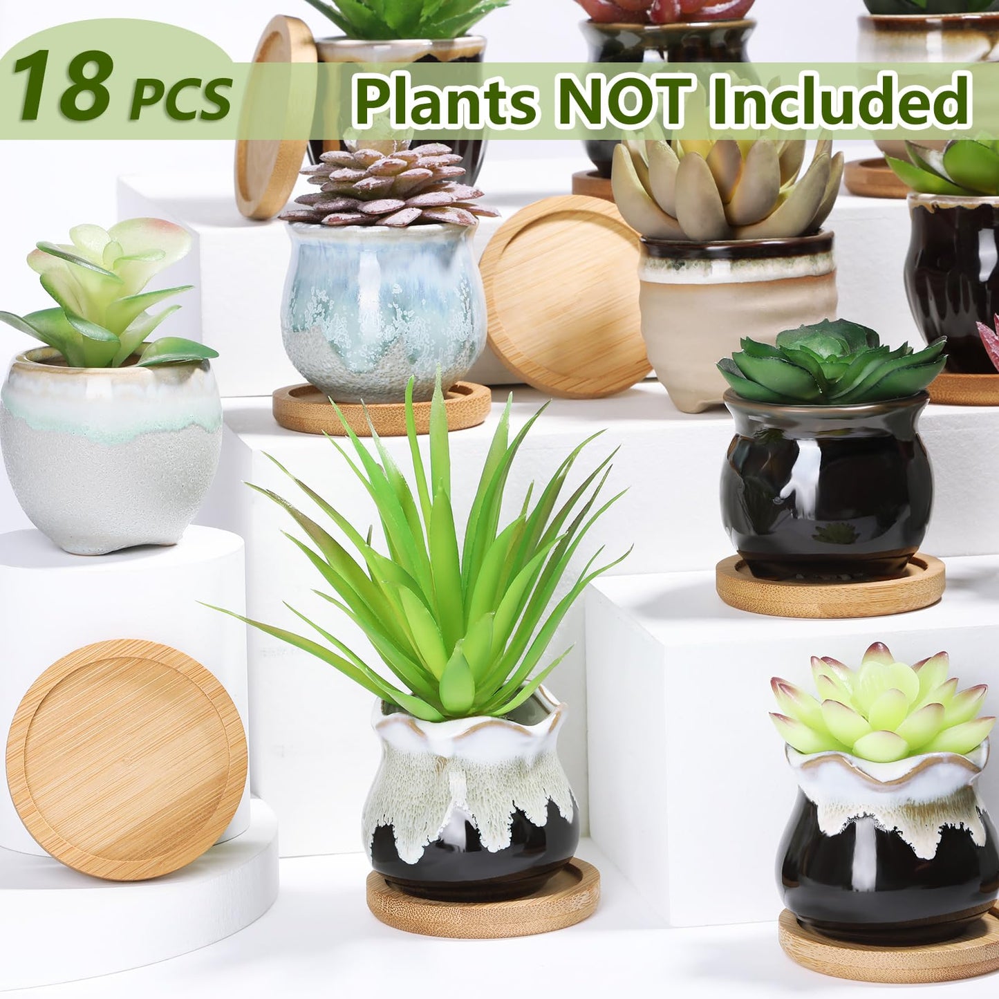 Remerry 18 Pcs Small Succulent Pots Bulk with Drainage 2.5 Inch Assorted Mini Ceramic Succulent Planters Pot with Coaster Bamboo Plant Tray Planting Pots for Home Office Garden