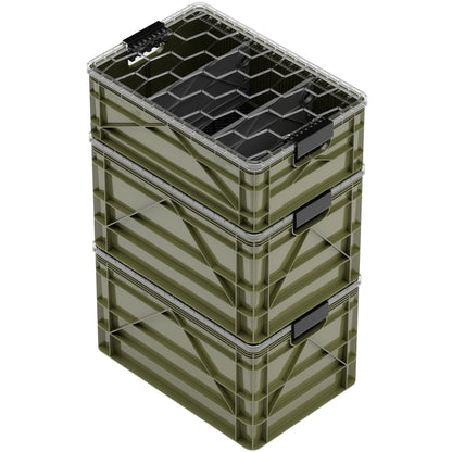 SIDIO Crate Pro Pack - 2 Full-Size & 1 Half-Size Heavy Duty Stackable Storage Bins, Totes and Containers with Lids and Dividers - Durable Plastic Organizer for Home, Office, Garage, and Outdoor Use