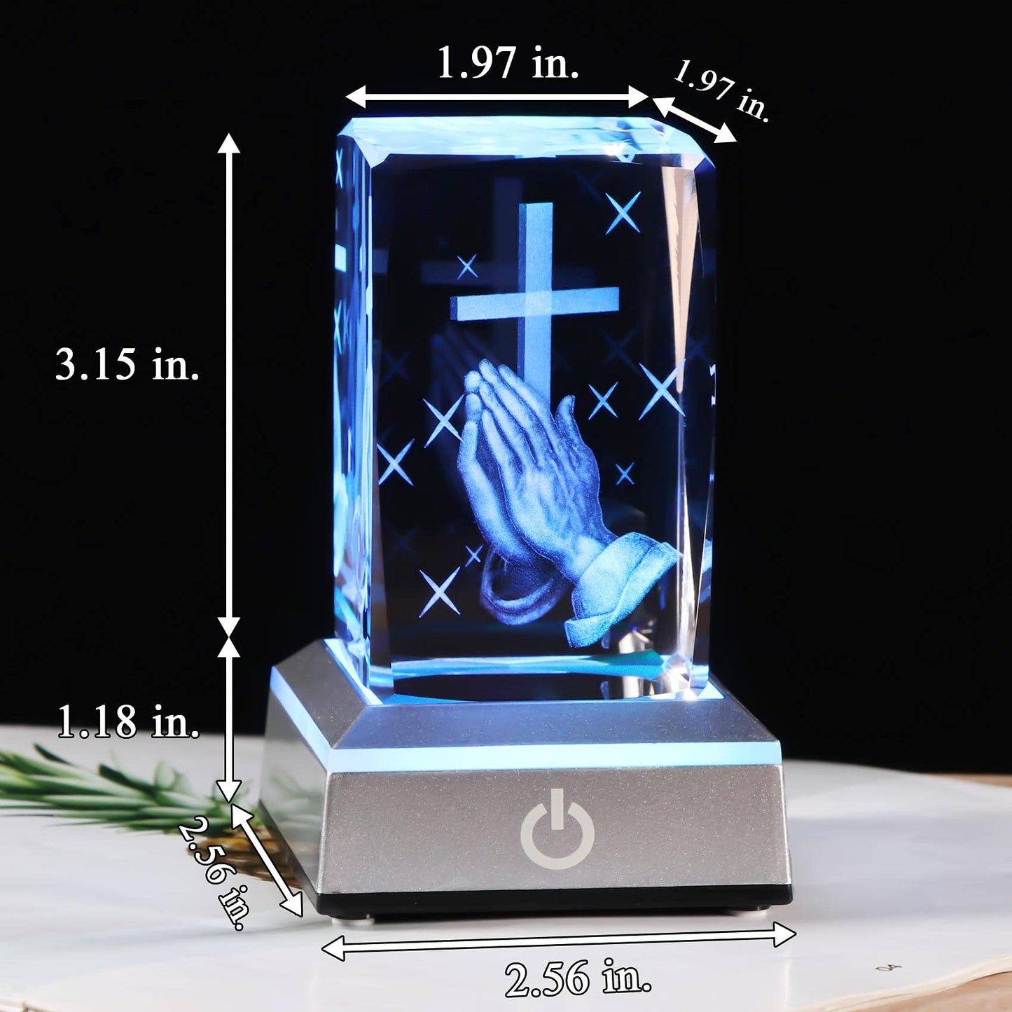 YWHL 3D Crystal Cross Figurine with Colorful Light Base, Laser Engrave Praying Hands Religious Gifts for Women Man, Christian Gifts for Friend