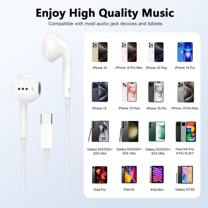 2 Pack USB C Headphones for iPhone 17 16 15, Type C Earphones with Microphone & Remote Control Noise Cancelling Wired Earbuds USB C for iPhone 17 16 15 Pro Max, iPad Pro, Galaxy S25 S24 Ultra, Pixel 9