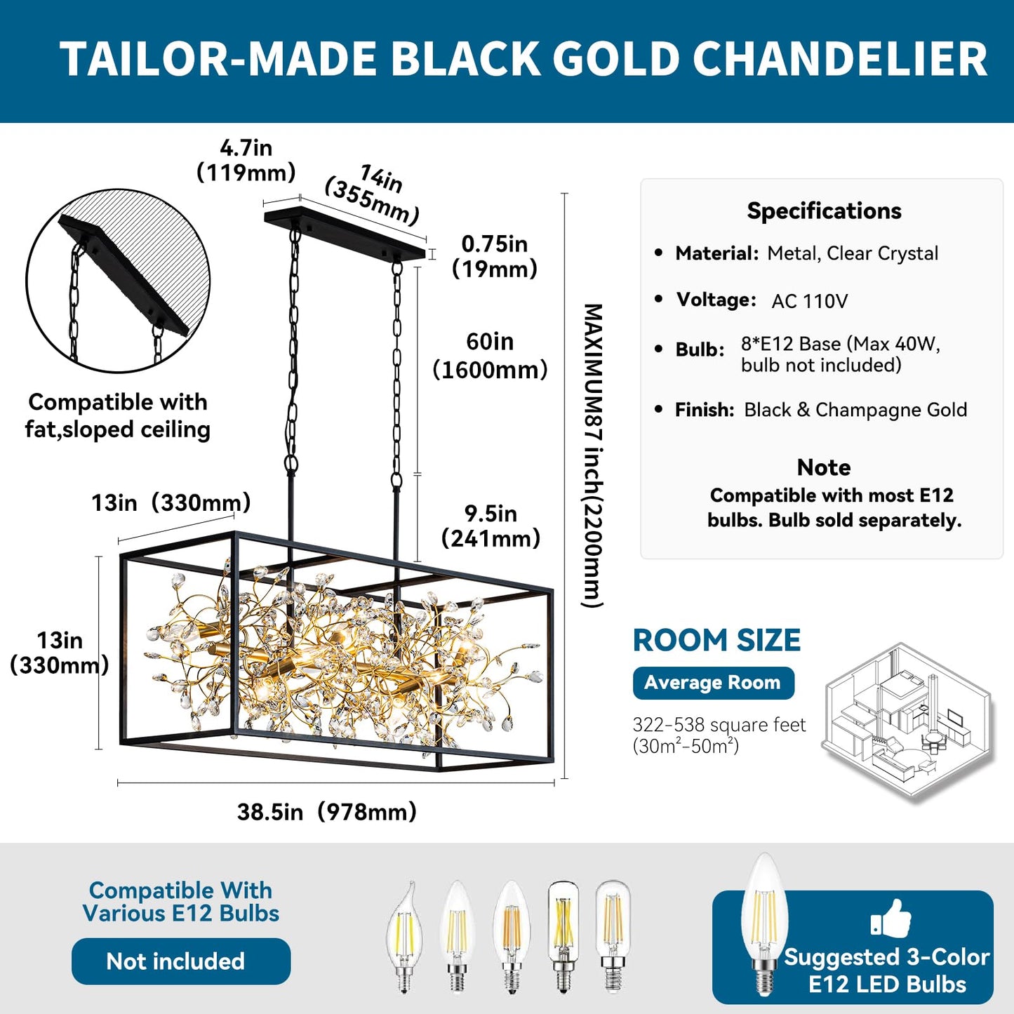 Vezzio Black and Gold Crystal Chandeliers for Dining Room, 8-Light Rectangle Modern Farmhouse Light Fixture, L38.5 in Adjustable Linear Chandelier Kitchen Island