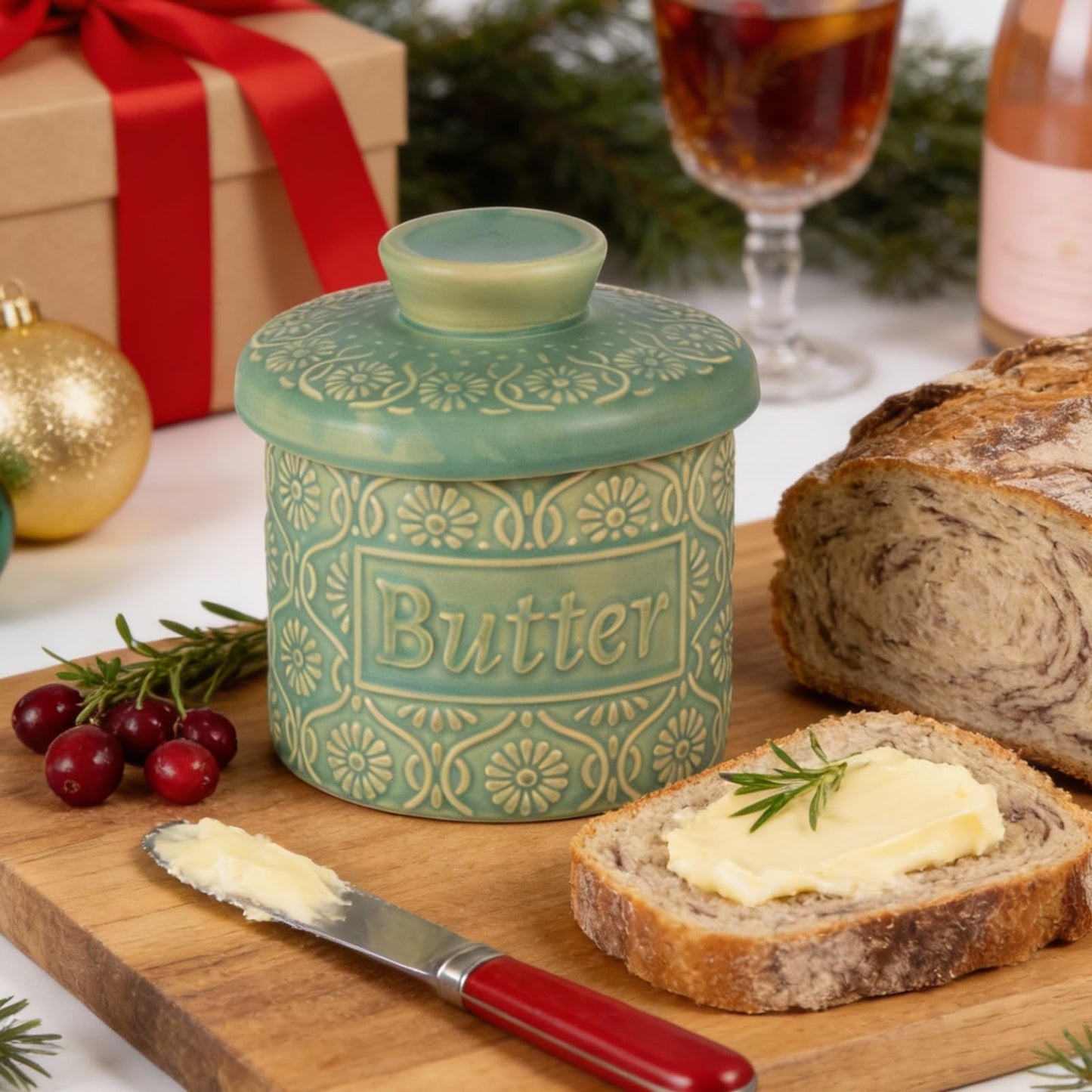 KAMMAK Butter Crock with Lid - Ceramic Butter Keeper for Countertop, Soft Spreadable Butter Dish with Water Line, Housewarming Gifts, Kitchen and Home Decor, Kiln-Changed Green - 6.7oz