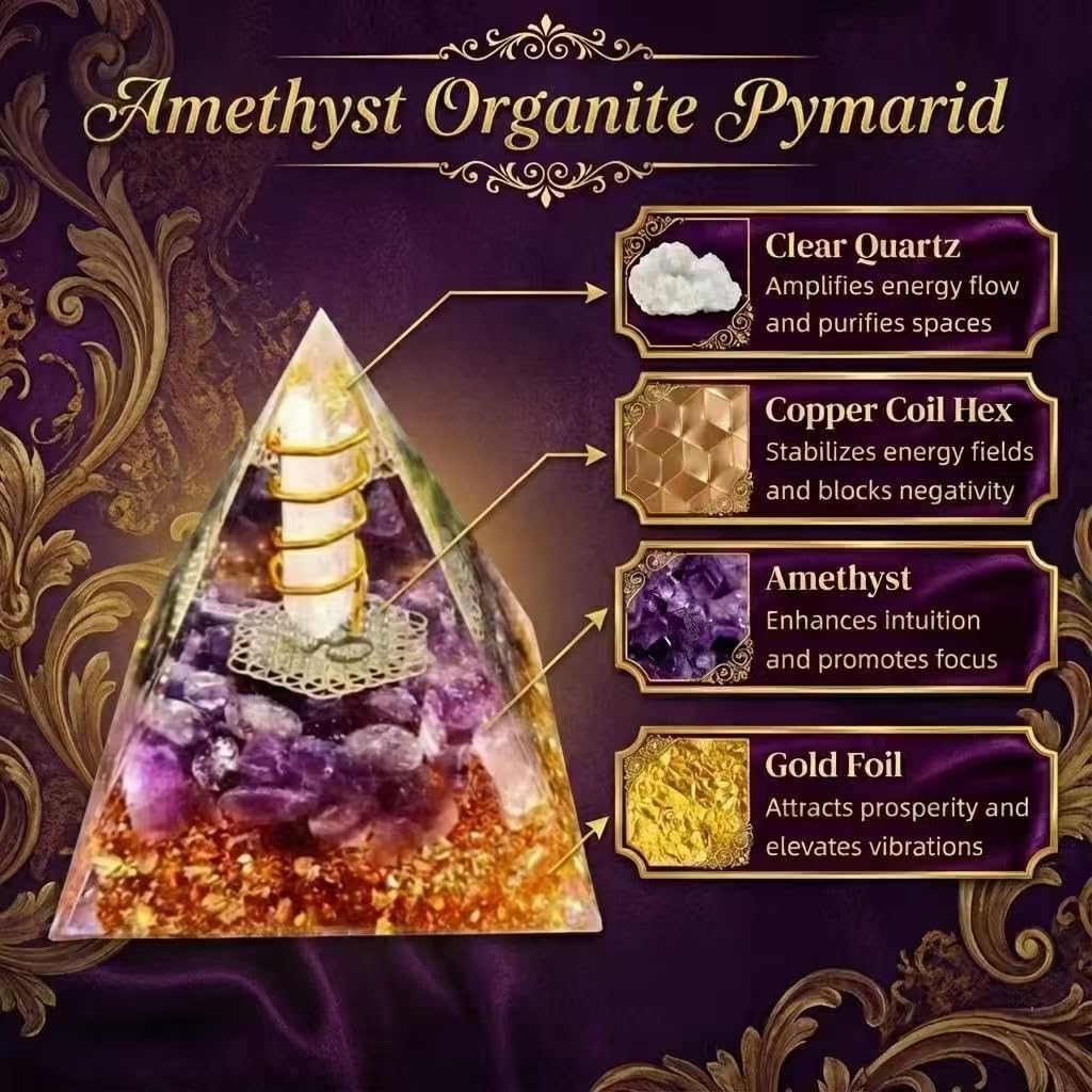 L&A Amethyst Orgonite Pyramid Decor – Focus & Stress Relief Crystal for Office Desk – Natural Healing Stone for Success, Productivity, Meditation & Valentine’s Gift (Purple, 2.4")