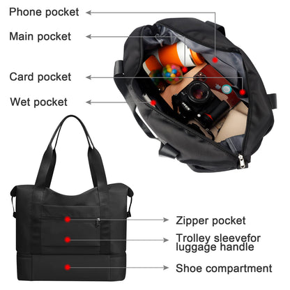 Sports Bag, Foldable Travel Bag with Shoe Compartment and Wet Compartment, CS COSDDI Water-Repellent Weekender Gym Travel Bag, Hand Luggage Bag, Training Bag for Men and Women, A1 Black, Reisetasche