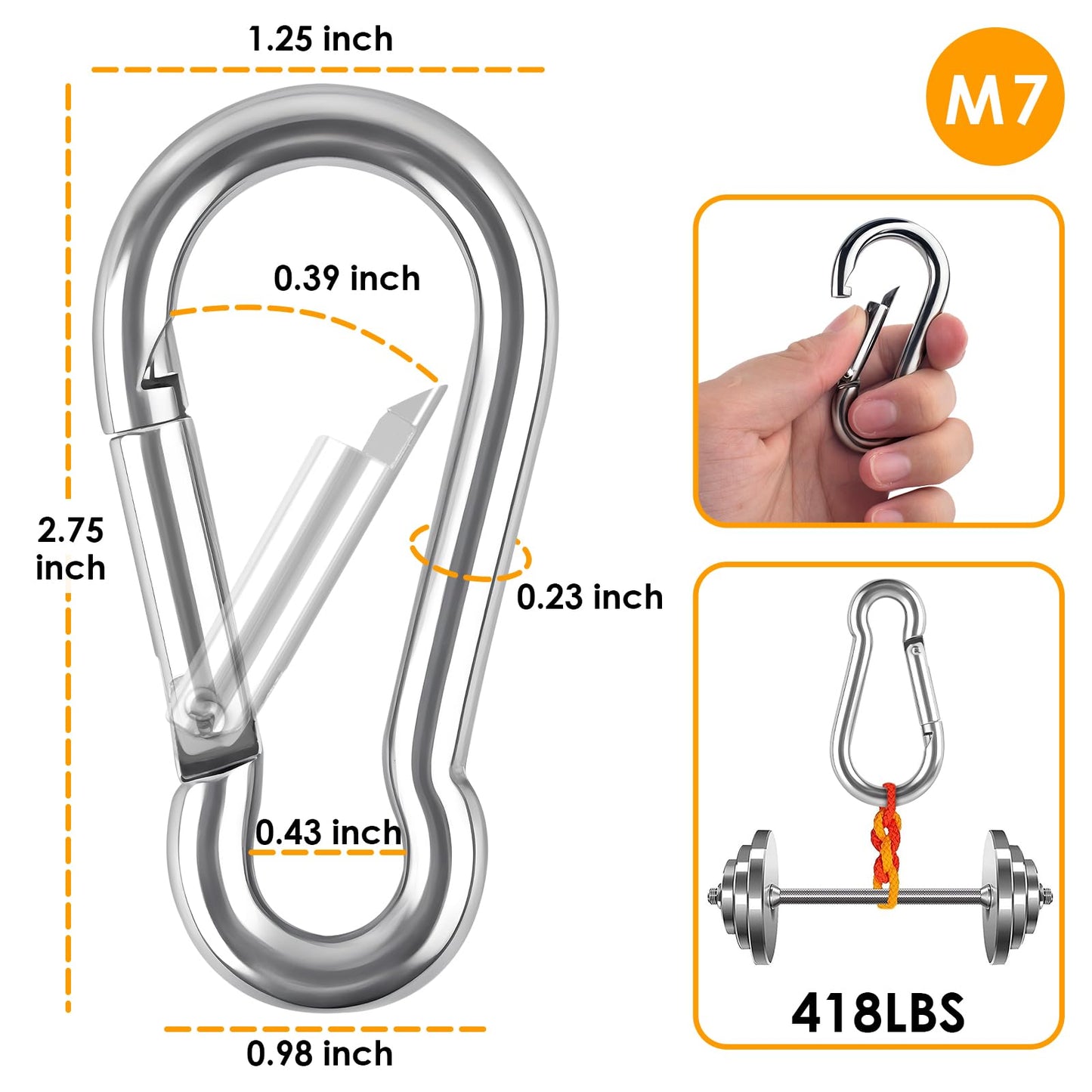 KATUMO M7 Heavy Duty Snap Hooks, 2.75 inch Carabiner Clip Quick Link, 418LBS Holding Capacity Stainless Steel Spring Clips for Hanging Hammock Climbing Hiking Traveling Camping Indoor & Outdoor
