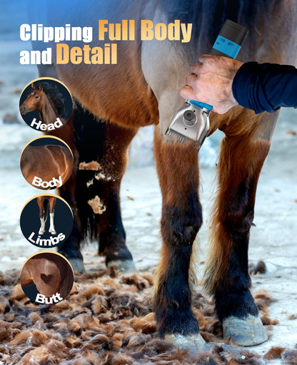 oneisall Cordless Horse Clippers with 2 Batteries, Heavy Duty Horse Grooming Kit for Thick Hair, Detachable Stainless Steel Blade, Professional Pony Grooming Clippers