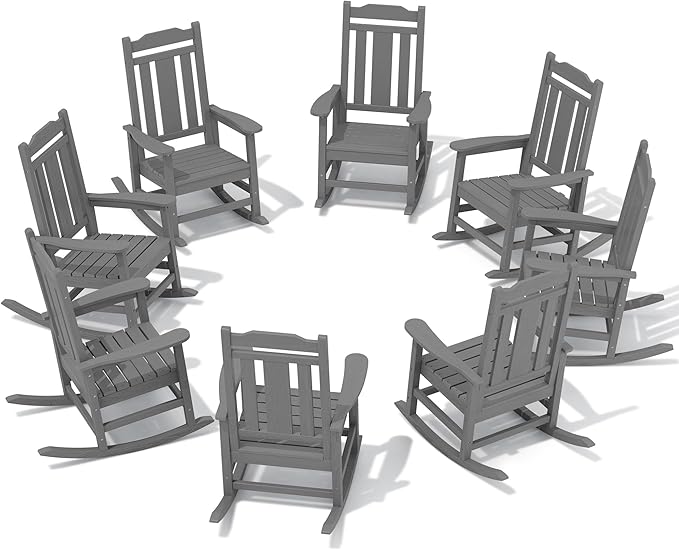 SERWALL Outdoor Rocking Chair Gray Set of 8, All Weather Patio Rocking Chair, HDPE Poly Rocking Chair for Adults, Heavy Duty Front Porch Rocker