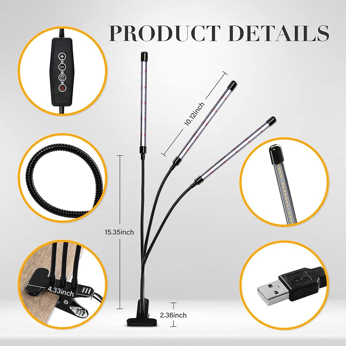iPower LED Grow Lights for Indoor Plants, 6000K Full Spectrum Growing Lamp with White Red LEDs, 5-Level Dimmable, Auto On Off with 4/8/12H Timer, 3 Tubes