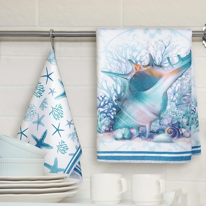 Boyiee Set of 6 Beach Kitchen Towels Coastal Ocean Dish Towels Sea Nautical Tea