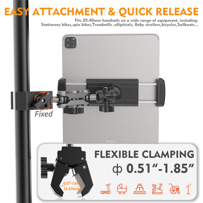 VasSmtCPH Tablet Holder for Treadmil Indoor Cycle Elliptical Spin Bike Peloton Music Stand 360° Adjustable Super Crab Handlebar Climp Mount Compitable with 4.7~12.9" iPad Switch iPhone e-Reader
