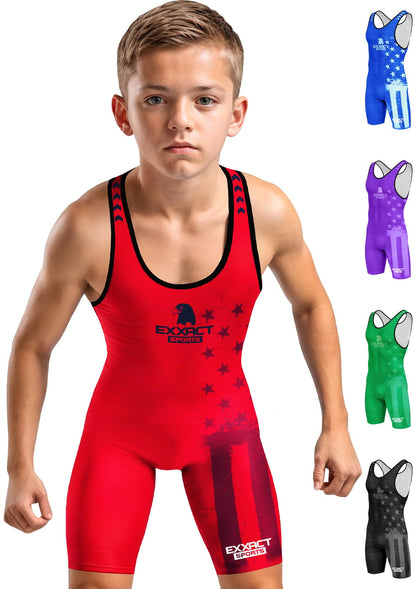 Exxact Sports Patriot Youth Wrestling Singlet For Boys, Premium Powerlifting Singlet, Kids Wrestling Singlets For Training (YL, Red)