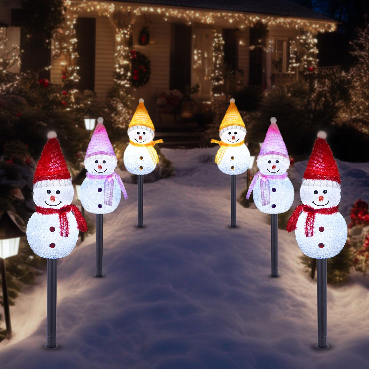 TAILERRI Solar Christmas Pathway Lights Outdoor Decorations, Set of 3 LED Snowman Stake Lights, Waterproof Walkway Landscape Light for Yard, Garden, Winter Decor (Red/Pink/Yellow Snowman, 3-Pack)