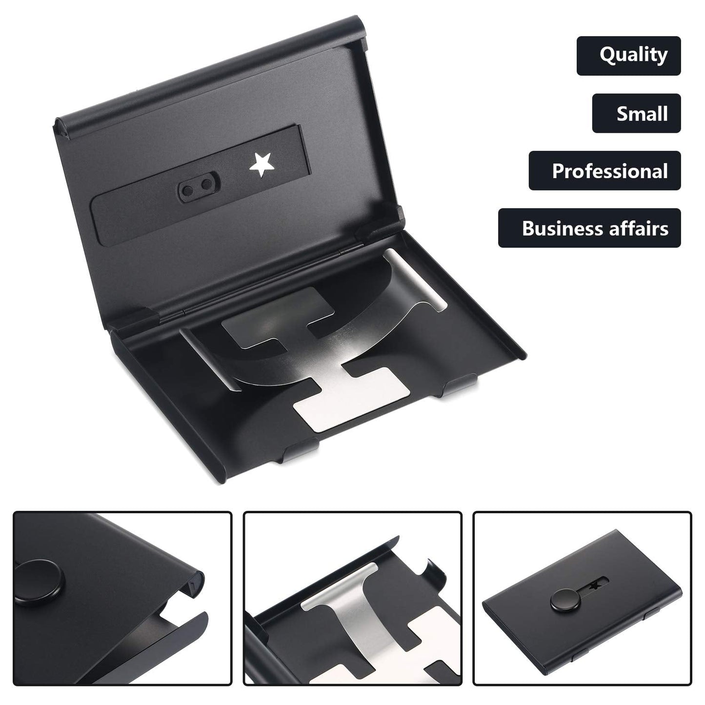 Tatuo 2 Pcs Black/blue 2 Pack Thumb Drive Business Card Holder Stainless Steel Business name Card Case Portable Slide Out name holder Wallet Nice Design pocket for Men and Women