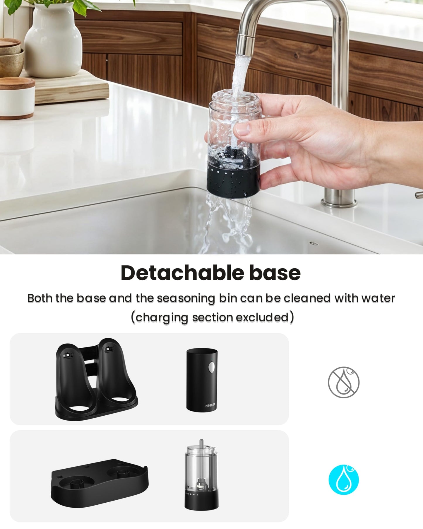 Electric Salt and Pepper Grinder Set with Rechargeable Base - Automatic Refillable Electric Salt and Pepper Shakers with Large Capacity, LED Light & Adjustable Coarseness, Black