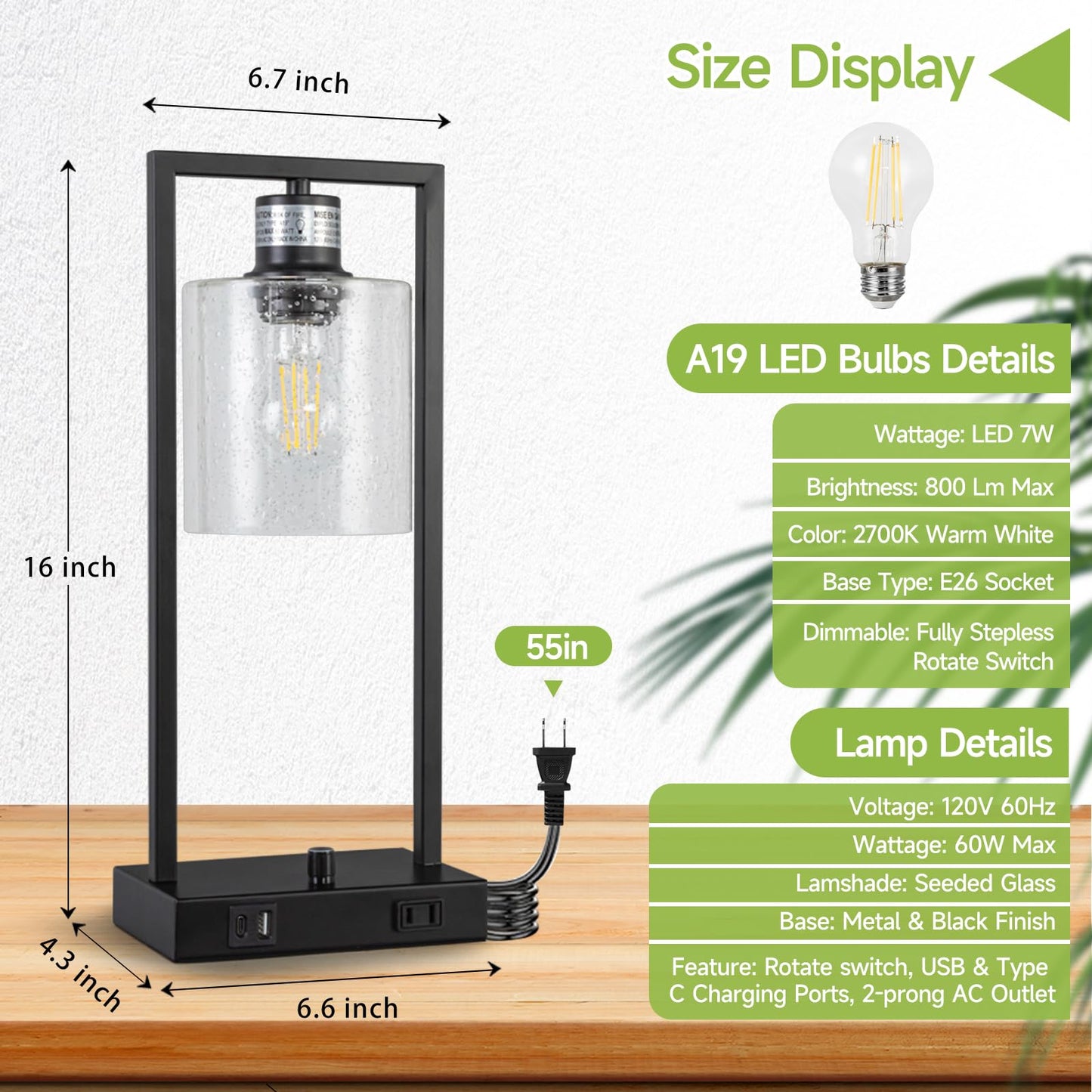 16" Desk Lamps for Home Office, Bedside Lamps with USB C+A Ports and Outlet, Black Fully Stepless Dimmable Industrial Table Lamps with Seeded Glass Shade for Reading Living Room, LED Bulbs Included