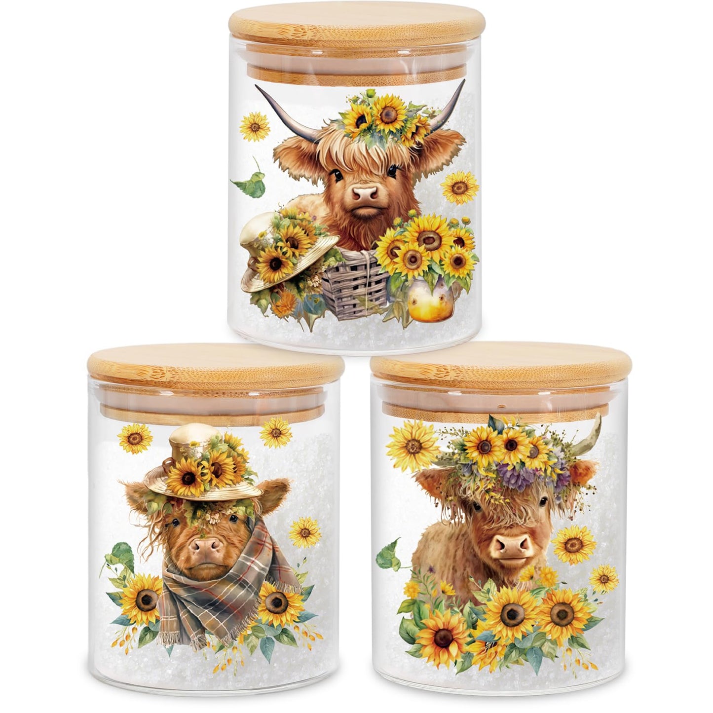 JarThenaAMCS 3Pcs Highland Cow Sunflower Glass Storage Jars With Airtight Lid Cattle Floral Decorative Canisters Sets for Cookie Spring Summer Farmhouse Home Kitchen Countertop