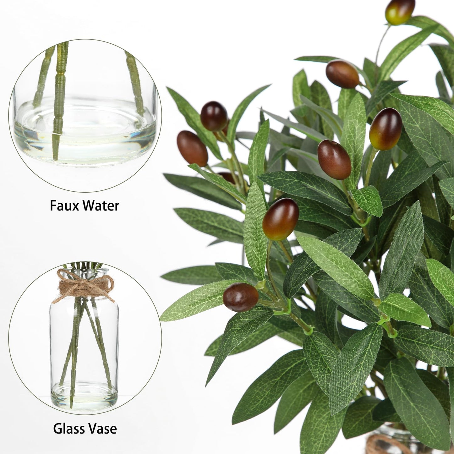 Hollyone Artificial Olive Branch in Glass Vase with Faux Water 15.7" Fake Plants Olive Leaves Stems for Indoor Shelf Desk Home Bathroom Wedding Table Centerpiece Decor