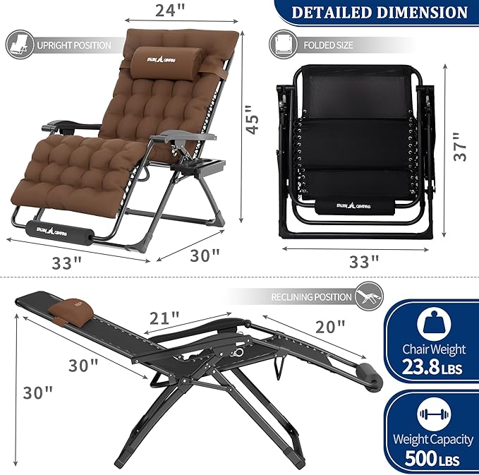 UDPATIO Oversized Zero Gravity Chair Chairs, Patio Recliner, Foldable Heavy Duty Reclining with Adjustable Headrest, Removable Cushion, Cup Holder & Foot Rest for Outside Camping Office Indoor