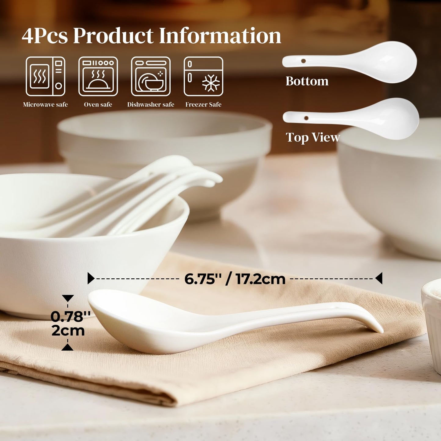 DOWAN Soup Spoons, Ceramic Asian Soup Spoons, White Japanese Spoon Large for Ramen Pho Wonton Dumpling Miso, Deep Oval Hook Design, Set of 4 (4, Soft white)