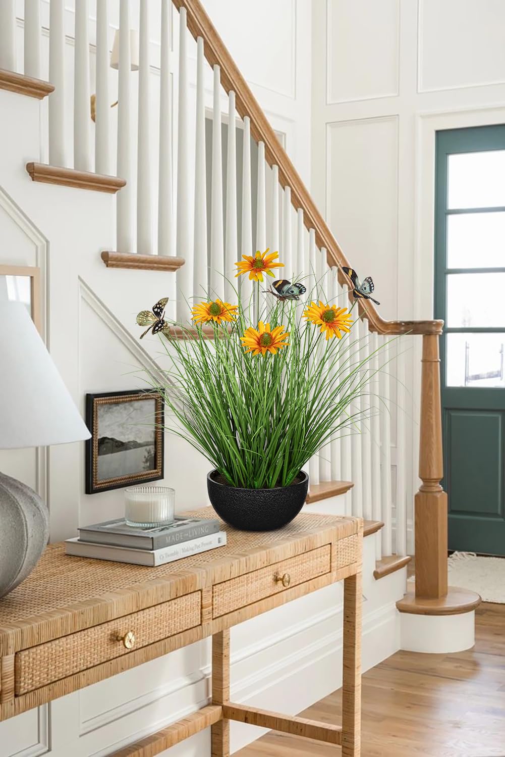 Artificial Plants Indoor with Pot, 17.3" Fake Potted Plants Artificial Onion Grass Plant with Yellow Daisies Flowers and Butterflies Small Faux Plant Indoor for Home Living Room Table Shelf Decor